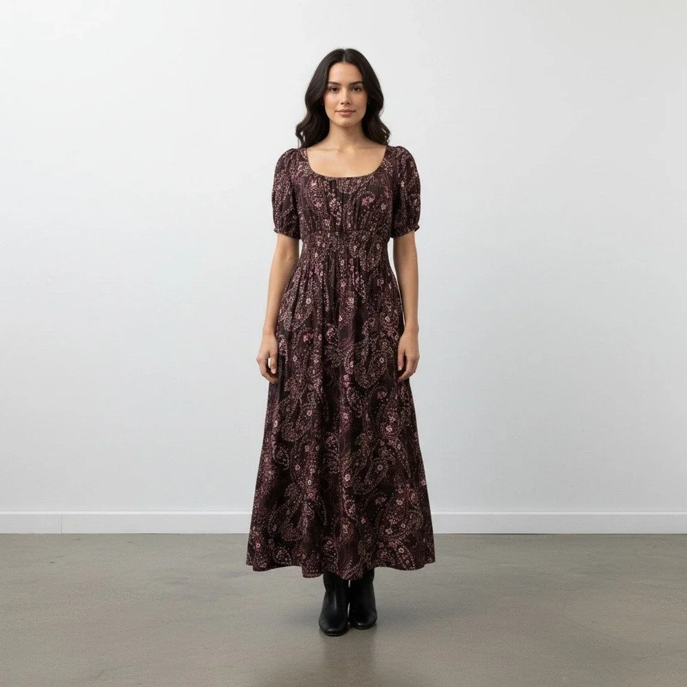 Abercrombie & Fitch Womens Large Paisley Floral Smocked Maxi Dress Burgundy Boho